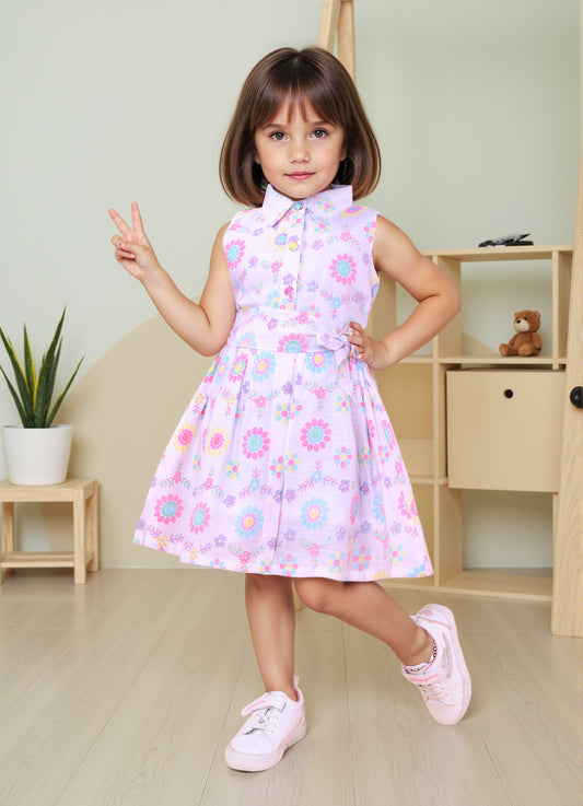 Young girl in a floral dress standing indoors with a light green wall and wooden furniture.